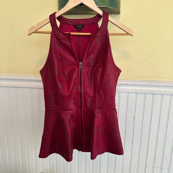 Guess Womens Red Snake Print Sleeveless Peplum Zip-Up Top M - Picture 1 of 7
